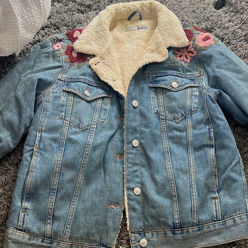 top shop embroidered denim with fleece lining | size m